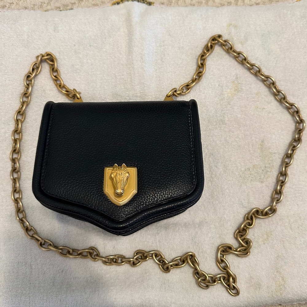 Vintage 1993 Vincenza Inc. Leather Crossbody – Dark Navy with Gold Horse Emblem